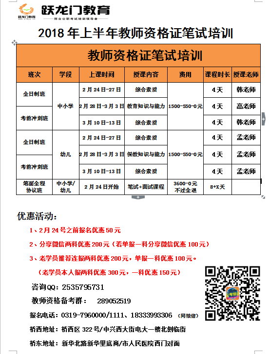 2018年上半年教師資格證筆試培訓(xùn)24號(hào)開課了